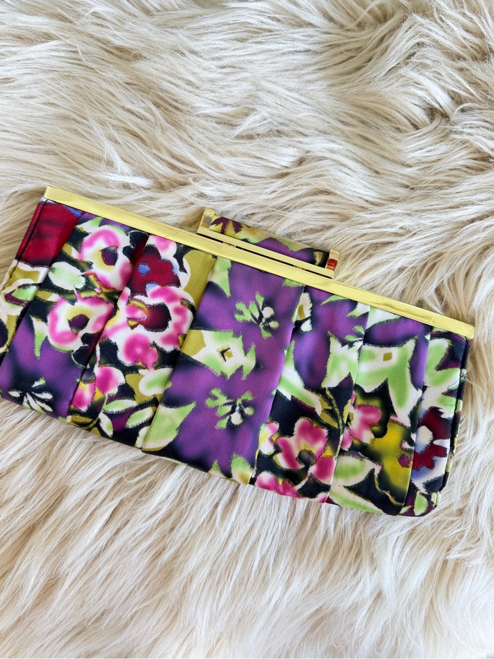 Nine West Vintage Floral Satin Clutch Evening Bag Gold Frame Y2K wedding guest